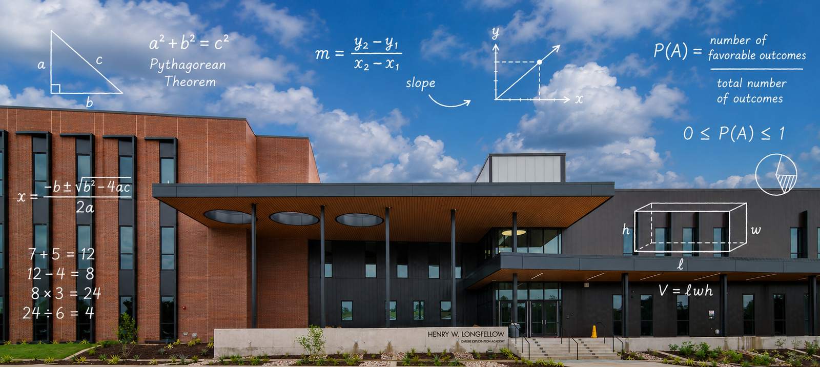 The Longfellow building with handwritten math across the sky and pavement